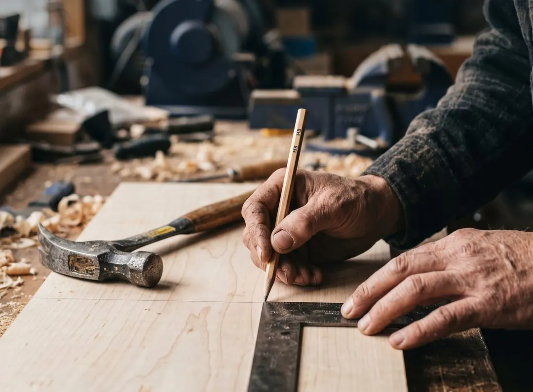 Carpenter marking a board with a pencil and steel square