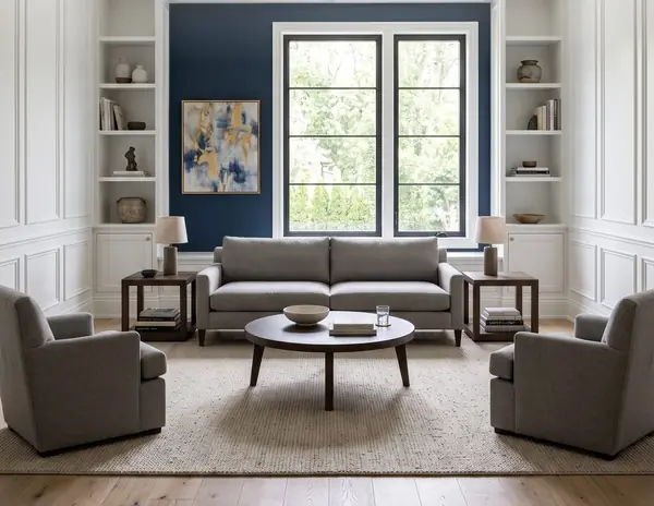 Living room with custom wainscoting, trim and built-in shelves