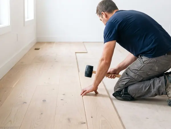 Carpenter fitting wide-plank hardwood boards