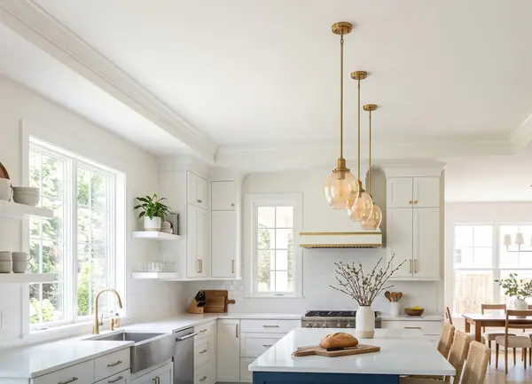 Kitchen with freshly painted white and navy cabinets